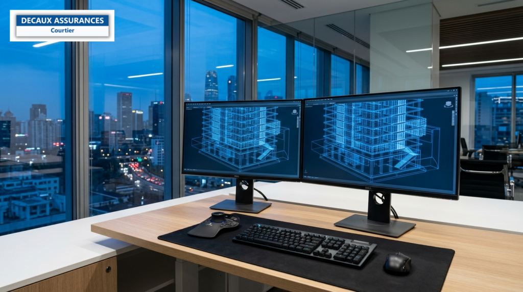 Écrans affichant une maquette BIM 3D d'un bâtiment — BIM et assurance du projeteur