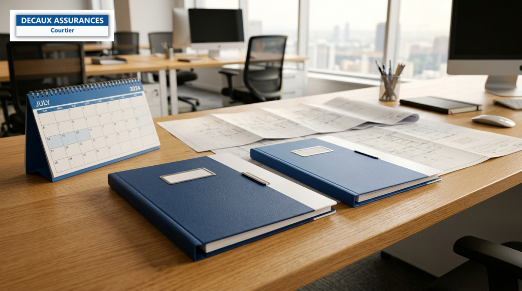 Deux dossiers et un calendrier sur un bureau — changer d'assureur RC Pro
