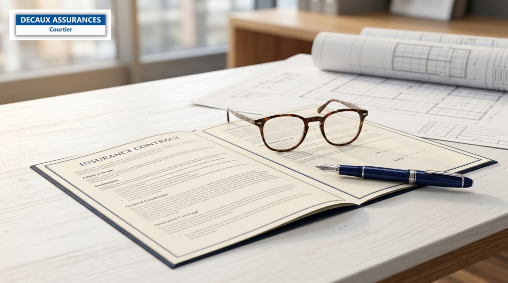 Contrat d'assurance, stylo et lunettes sur un bureau — clause de réclamation RC Pro