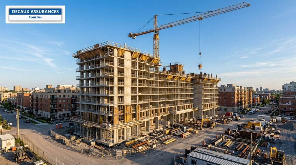Immeuble en béton en construction avec grue — garantie décennale des bureaux d'études