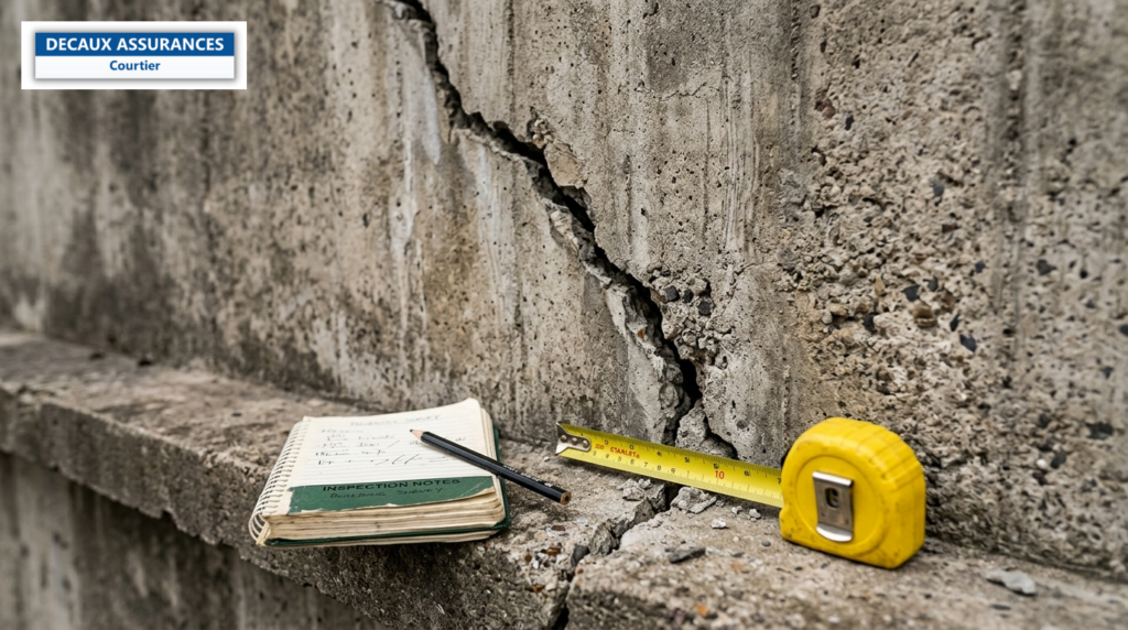 Fissure dans un mur en béton avec mètre ruban et carnet d'inspection — déclaration de sinistre RC Pro