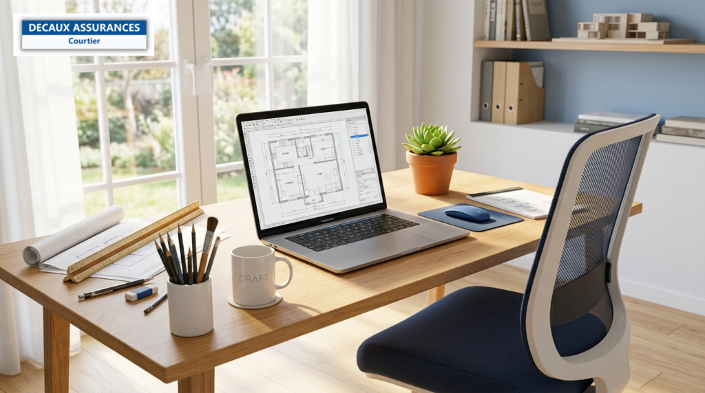 Bureau de dessinateur projeteur freelance avec plan CAO sur ordinateur portable