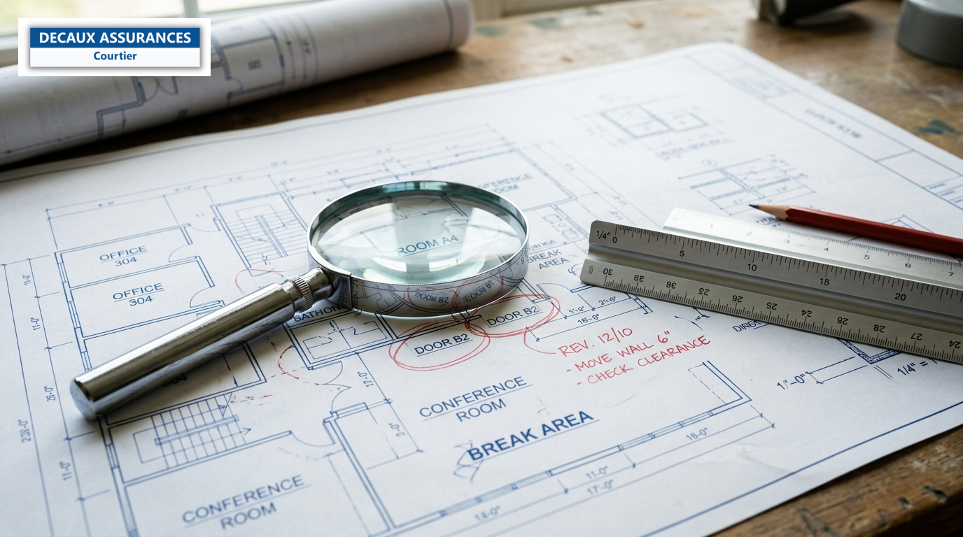 Plan d'architecte annoté de corrections avec loupe et règle — erreur de conception et RC Pro