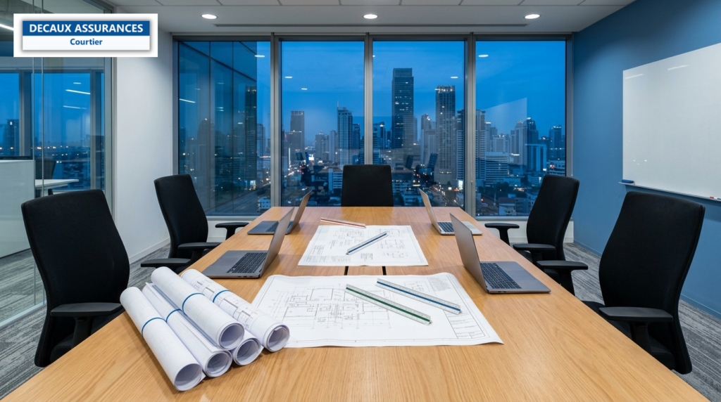 Table de réunion avec plans roulés et ordinateurs — groupement momentané d'entreprises