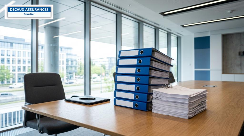 Classeurs de dossiers d'appel d'offres sur une table de réunion — marchés publics et assurance BET