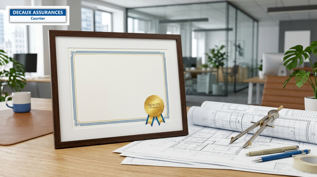 Certificat encadré avec sceau et plans techniques — qualification OPQIBI et assurance