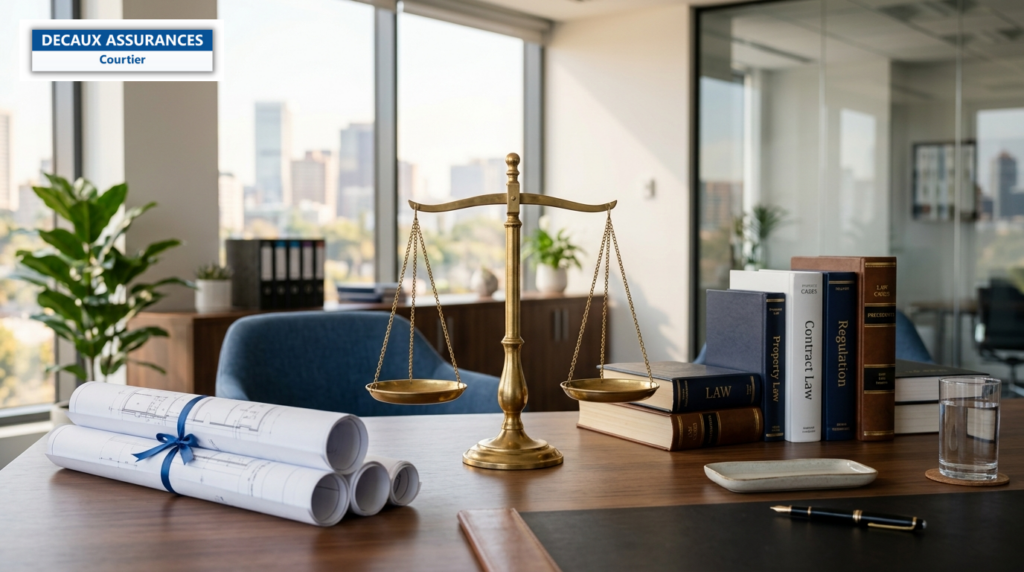 Balance de la justice, plans roulés et codes juridiques — protection juridique professionnelle BET