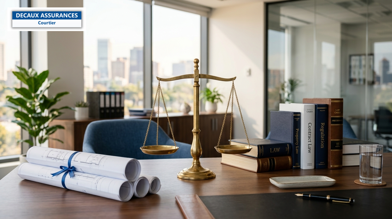 Balance de la justice, plans roulés et codes juridiques — protection juridique professionnelle BET