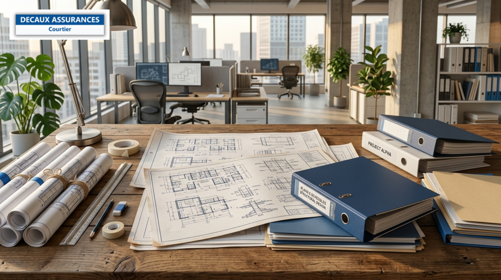 Plans techniques et classeurs sur une table de bureau d'études — sous-traitance BET et responsabilité